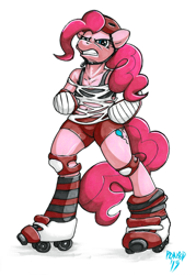 Size: 2369x3300 | Tagged: safe, artist:pon8d, pinkie pie, anthro, unguligrade anthro, arm hooves, knee pads, marker drawing, prismacolors, ripped shirt, roller derby, roller skates, shoulder pads, solo, traditional art