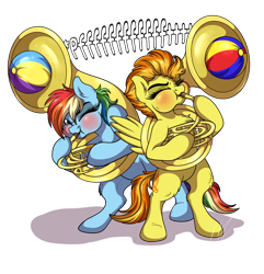 Size: 878x910 | Tagged: safe, artist:lupiarts, derpibooru import, rainbow dash, spitfire, pegasus, pony, beach ball, blowing, blowing fetish, blushing, cute, cutefire, dashabetes, eyes closed, inflatable, inflating, musical instrument, one eye closed, puffy cheeks, rainblow dash, simple background, sousaphone, transparent background, weird fetish, wink