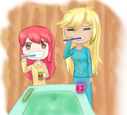 Size: 1278x1160 | Tagged: safe, artist:jumboz95, apple bloom, applejack, equestria girls, brushing, clothes, pajamas, teeth, toothbrush