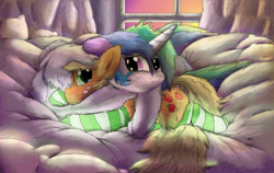 Size: 5780x3657 | Tagged: safe, artist:firefanatic, applejack, princess celestia, alicorn, earth pony, pony, absurd resolution, bed, bedroom, clothes, cuddling, cute, female, fluffy, jackabetes, mare, missing accessory, pillow, prone, snuggling, socks, striped socks, sunset, unshorn fetlocks