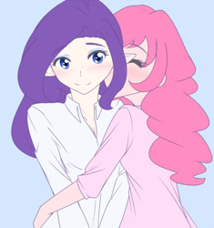 Size: 500x533 | Tagged: safe, artist:jonfawkes, pinkie pie, rarity, human, 30 minute art challenge, blushing, clothes, eyes closed, female, hug, humanized, lesbian, quickdraw, quickie, raripie, shipping