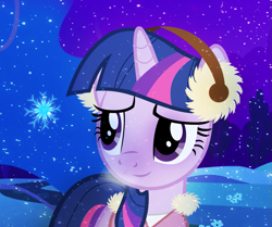 Size: 955x800 | Tagged: safe, artist:flare-chaser, derpibooru import, twilight sparkle, pony, unicorn, earmuffs, night, smiling, snow, snowfall, snowflake, solo