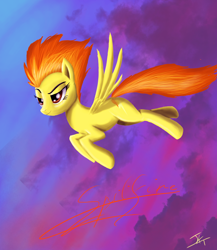 Size: 1080x1246 | Tagged: safe, artist:jeki, derpibooru import, spitfire, flying, painting, sky, solo, sunset, wings