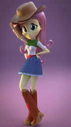 Size: 1080x1920 | Tagged: safe, artist:3d thread, artist:creatorofpony, applejack, fluttershy, equestria girls, 3d, blender, boots, clothes, clothes swap, cowboy boots, cowboy hat, cowgirl, denim skirt, hat, high heel boots, looking at you, shoes, skirt, solo, stetson