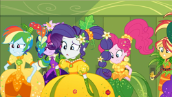 Size: 1920x1080 | Tagged: safe, screencap, fluttershy, pinkie pie, rainbow dash, rarity, sci-twi, sunset shimmer, twilight sparkle, better together, equestria girls, holidays unwrapped, canterlot high, clothes, cornucopia costumes, costume, female, flower, flower in hair, hallway, inflatable dress, lockers, o come all ye squashful, offscreen character, uncomfortable