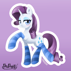 Size: 2733x2733 | Tagged: safe, artist:piripaints, rarity, pony, unicorn, bedroom eyes, blushing, clothes, cute, ear fluff, female, looking at you, mare, purple background, raribetes, simple background, smiling, smirk, socks, solo, stockings, striped socks, thigh highs, watermark