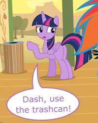 Size: 2618x3294 | Tagged: safe, derpibooru import, rainbow dash, twilight sparkle, twilight sparkle (alicorn), alicorn, pegasus, pony, butt, out of context, plot, speech bubble, trash can