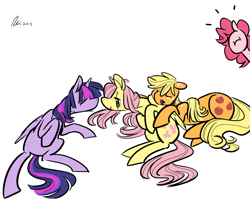 Size: 1280x1041 | Tagged: safe, artist:rwl, applejack, fluttershy, pinkie pie, twilight sparkle, twilight sparkle (alicorn), alicorn, earth pony, pegasus, pony, female, mare, sleeping, snuggling