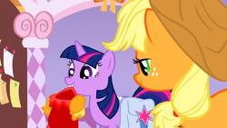 Size: 1366x768 | Tagged: safe, screencap, applejack, twilight sparkle, earth pony, pony, suited for success, mouth hold