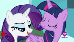 Size: 1111x625 | Tagged: safe, derpibooru import, screencap, rarity, twilight sparkle, twilight sparkle (alicorn), alicorn, pony, unicorn, female, hub logo, licking, mare, out of context