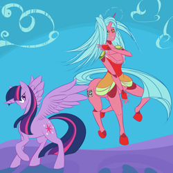 Size: 3240x3240 | Tagged: safe, artist:registered111, derpibooru import, twilight sparkle, twilight sparkle (alicorn), alicorn, centaur, faster than you know, jojo's bizarre adventure, looking back, raised hoof, smiling, stand