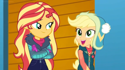 Size: 1600x900 | Tagged: safe, screencap, applejack, sunset shimmer, better together, equestria girls, holidays unwrapped, clothes, crossed arms, gloves, jacket, mittens, winter hat, winter outfit