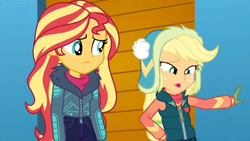 Size: 1600x900 | Tagged: safe, screencap, applejack, sunset shimmer, better together, equestria girls, holidays unwrapped, clothes, faic, gloves, jacket, winter hat, winter outfit