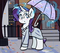 Size: 1105x963 | Tagged: safe, artist:tranzmuteproductions, rarity, pony, unicorn, magic, manehattan, solo, telekinesis, umbrella