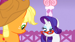 Size: 1366x768 | Tagged: safe, screencap, applejack, rarity, earth pony, pony, unicorn, suited for success, female, horn, mare