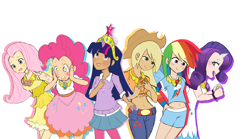 Size: 4012x2223 | Tagged: safe, artist:s0s0chan, derpibooru import, applejack, fluttershy, pinkie pie, rainbow dash, rarity, twilight sparkle, human, alternative cutie mark placement, belly button, big crown thingy, blushing, bracelet, clothes, cowboy hat, cute, element of generosity, element of honesty, element of kindness, element of laughter, element of loyalty, element of magic, elements of harmony, female, freckles, hand on hip, hat, horned humanization, humanized, jeans, jewelry, legs, mane six, midriff, necklace, open mouth, pants, pantyhose, pleated skirt, regalia, short shirt, shorts, simple background, skirt, stetson, thighs, white background, winged humanization