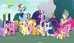 Size: 1200x700 | Tagged: safe, artist:decprincess, derpibooru import, edit, edited screencap, screencap, applejack, fluttershy, li'l cheese, luster dawn, pinkie pie, rainbow dash, rarity, spike, twilight sparkle, twilight sparkle (alicorn), alicorn, dragon, earth pony, pegasus, pony, unicorn, the last problem, gigachad spike, mane seven, mane six, older, older applejack, older fluttershy, older mane seven, older mane six, older pinkie pie, older rainbow dash, older rarity, older spike, older twilight, time paradox