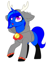 Size: 1796x2086 | Tagged: safe, artist:losyara, oc, oc:blue vector, pony, unicorn, antlers, bell, clothes, female, hoodie, simple background, socks, solo, stockings, thigh highs, transparent background, ych result