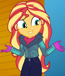 Size: 845x987 | Tagged: safe, screencap, sunset shimmer, better together, equestria girls, holidays unwrapped, clothes, cropped, female, gloves, jacket, pants, pocket, shimmerbetes, smiling, storage, winter coat, winter outfit, zipper