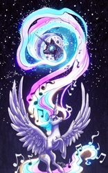 Size: 900x1440 | Tagged: safe, artist:moth-doll, princess celestia, alicorn, pony, female, mare, mare in the moon, moon, music notes, sad, singing, spread wings