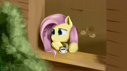 Size: 1920x1080 | Tagged: safe, artist:bronyjunk, fluttershy, bee, pegasus, pony, flower, food, solo, tea, teapot, window