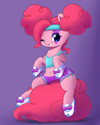 Size: 1000x1250 | Tagged: safe, artist:joyfulinsanity, pinkie pie, earth pony, pony, scare master, belly button, clothes, costume, grin, midriff, nightmare night costume, pinkie puffs, roller skates, shorts, solo, wink