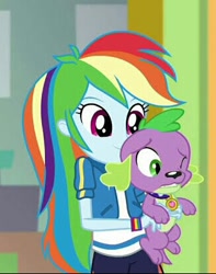 Size: 326x414 | Tagged: safe, derpibooru import, screencap, rainbow dash, spike, spike the regular dog, dog, a fine line, better together, equestria girls, cropped, duo, female, hug, male