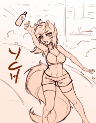 Size: 2186x2810 | Tagged: safe, artist:kindpineapple, anthro, advertisement, armpits, bottle, clothes, commission, female, marathon, mare, running, shorts, solo, sports, stockings, thigh highs, water, ych example, your character here