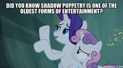 Size: 600x337 | Tagged: safe, edit, edited screencap, screencap, rarity, sweetie belle, pony, unicorn, campfire tales, duo, ed edd n eddy, hot buttered ed, image macro, meme, shadow puppets