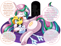 Size: 1500x1125 | Tagged: safe, artist:vavacung, princess celestia, alicorn, pony, crossover, crying, dialogue, dock, featureless crotch, female, mare, plot, pokémon, speech bubble, sunbutt, uxie