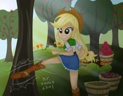 Size: 1536x1200 | Tagged: safe, artist:sumin6301, applejack, equestria girls, applebucking, solo