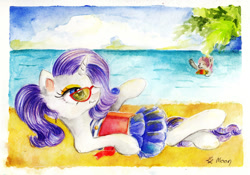 Size: 1024x715 | Tagged: safe, artist:lailyren, artist:moonlight-ki, rarity, sweetie belle, pony, unicorn, beach, clothes, sunbathing, sunglasses, swimming, swimsuit, traditional art, watercolor painting, waving