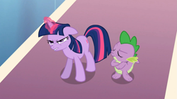 Size: 1365x768 | Tagged: safe, derpibooru import, screencap, spike, twilight sparkle, unicorn twilight, dragon, pony, unicorn, the crystal empire, duo, female, magic, magic aura, male, mare