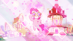 Size: 1920x1080 | Tagged: safe, artist:divideddemensions, artist:korsoo, pinkie pie, earth pony, pony, glasses, pink, ponyville, sugarcube corner, swag, vector, wallpaper