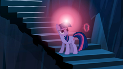 Size: 1365x768 | Tagged: safe, derpibooru import, screencap, twilight sparkle, unicorn twilight, pony, unicorn, the crystal empire, female, glowing horn, light spell, magic, magic aura, mare, solo, stairs, telekinesis