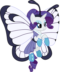 Size: 1001x1197 | Tagged: safe, artist:cloudyglow, rarity, pony, unicorn, butterfree, clothes, cosplay, costume, female, mare, pokémon, simple background, smiling, solo, transparent background, vector