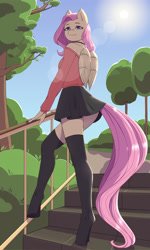 Size: 2400x4010 | Tagged: safe, artist:pewas, fluttershy, anthro, pegasus, unguligrade anthro, blouse, clothes, female, mare, miniskirt, outdoors, skirt, smiling, socks, solo, stockings, thigh highs, zettai ryouiki