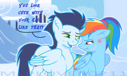 Size: 1280x771 | Tagged: safe, artist:mlplover0711, derpibooru import, rainbow dash, soarin', pegasus, pony, alternate hairstyle, base used, blushing, cloud, cross-popping veins, female, madorable, male, shipping, soarindash, straight, watermark, wavy mouth