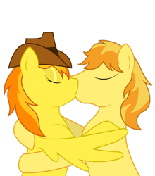 Size: 839x952 | Tagged: safe, artist:bluerobin46, derpibooru import, braeburn, spitfire, accessory swap, female, hug, kissing, male, shipping, simple background, spitburn, straight, transparent background, vector