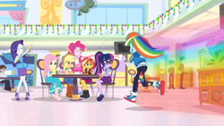 Size: 1600x900 | Tagged: safe, screencap, applejack, fluttershy, pinkie pie, rainbow dash, rarity, sci-twi, sunset shimmer, twilight sparkle, better together, equestria girls, holidays unwrapped, canterlot mall, chair, clothes, converse, dress, food court, glasses, humane five, humane seven, humane six, ponytail, rainbow, running, shoes, sitting, sneakers, speeding, table