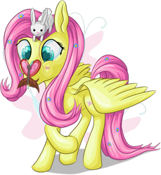 Size: 3262x3561 | Tagged: safe, artist:itresad, angel bunny, fluttershy, butterfly, pegasus, pony, duo, raised hoof, simple background, transparent background