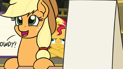 Size: 1920x1080 | Tagged: safe, edit, edited screencap, screencap, applejack, sunset shimmer, earth pony, pony, unicorn, angry, applejack's sign, caption, image macro, text