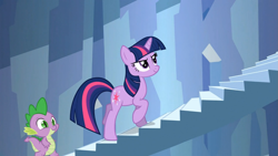 Size: 1365x768 | Tagged: safe, derpibooru import, screencap, spike, twilight sparkle, dragon, the crystal empire, stairs