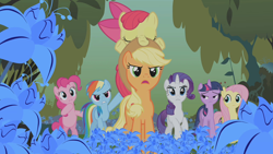 Size: 1280x720 | Tagged: safe, derpibooru import, screencap, apple bloom, applejack, fluttershy, pinkie pie, rainbow dash, rarity, twilight sparkle, unicorn twilight, earth pony, pegasus, pony, unicorn, bridle gossip, season 1, everfree forest, female, filly, foal, forest, mane six, mare, poison joke, poison joke field