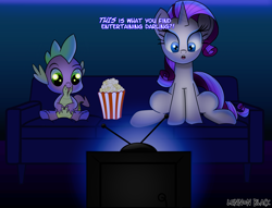 Size: 1700x1300 | Tagged: safe, artist:lennonblack, rarity, spike, dragon, pony, unicorn, food, popcorn, sitting, sofa, television, tongue out