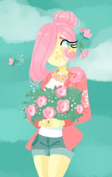 Size: 370x583 | Tagged: safe, artist:endarie, fluttershy, human, alternate hairstyle, flower, humanized, lineless, solo
