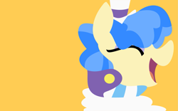Size: 1631x1021 | Tagged: safe, artist:anonymousnekodos, derpibooru import, sapphire shores, earth pony, pony, bust, clothes, female, happy, hat, lineless, mare, open mouth, orange background, portrait, simple background, solo, wallpaper