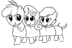 Size: 1280x853 | Tagged: safe, artist:kloudmutt, apple bloom, scootaloo, sweetie belle, earth pony, pony, unicorn, crossover, cutie mark crusaders, female, filly, monochrome, pony centipede, the human centipede