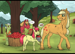 Size: 1600x1163 | Tagged: safe, artist:royvdhel-art, apple bloom, applejack, big macintosh, granny smith, earth pony, horse, pony, apple, apple family, apple siblings, bucket, cute, dirty, eeyup, eye contact, grin, male, pictogram, raised hoof, realistic, smiling, stallion, sweet apple acres, tree, unshorn fetlocks