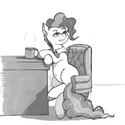 Size: 900x900 | Tagged: safe, artist:kevinsano, derpibooru import, mayor mare, earth pony, pony, chair, desk, female, glasses, grayscale, mare, monochrome, smiling, solo